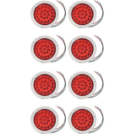 Lot de 8 feux arrière ronds à LED rouges pour remorque, 24 LED, montage à bride, étanches, chromés, 10 cm (4 pouces), feux de freinage, stop et clignotants (1/5)