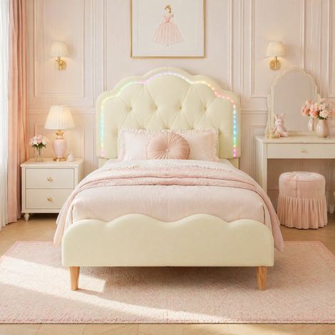 Cama infantil 90x200 cm en PU beige con LED multicolor, sin colchón, FloraGrace (1/5)