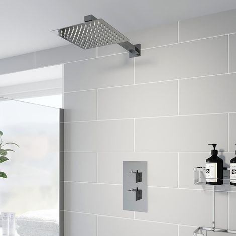Thermostatic Mixer Shower Square Rainfall Head Valve Chrome Bathroom Modern (1/5)