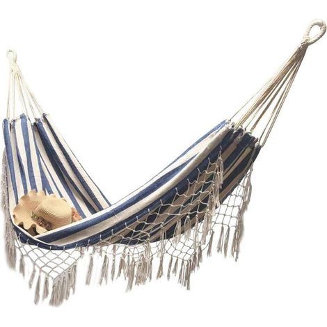 Hamac double à rayures de Bohême - Avec sac de transport - 200 x 100 cm - Bleu (1/5)