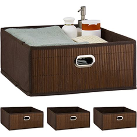 Relaxdays Set of 4 Bamboo Storage Baskets, Bathroom & Bedroom Organiser, Square, HxWxD 14 x 31 x 31 cm, Folding, Brown