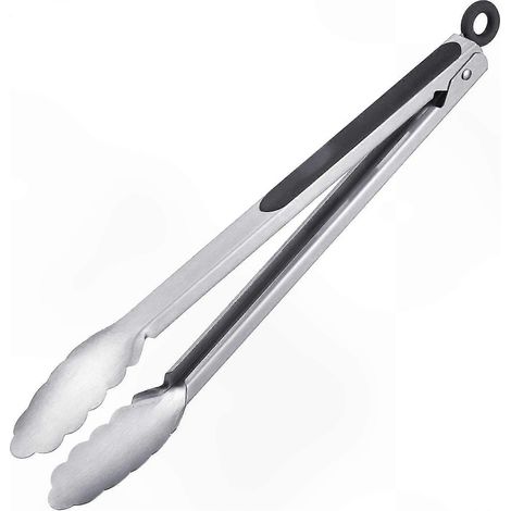 Grillzange aus Edelstahl und Kunststoff, 35 cm, silber-schwarze Ausführung, strapazierfähiger gummierter Griff, 2er-Set, ideal zum Grillen. (1/5)
