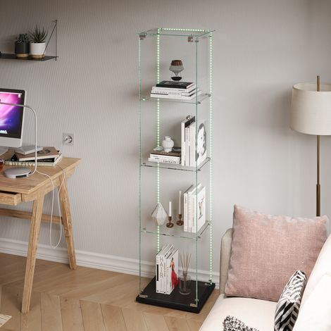 JOOKGBD–Vitrine en Verre,4 Étagères avec LED,1 Porte avec Serrure,Armoire de Collection Moderne,Rangement Debout pour Salon,Bureau,Verre Trempé,Noir