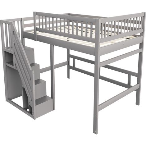 Letto a soppalco 140 x 200 con scala contenitore, sponde alte, grigio, HOMVRA (1/5)