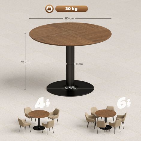 Table de salle à manger ronde pour 6 personnes, 110 cm. Table de cuisine moderne avec pied central pour salon, aspect bois brun. (1/5)