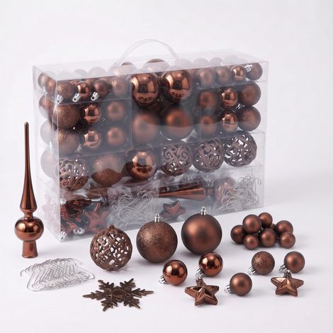 Kunststoff Christbaumkugel Set 111-teilig bruchsicher - braun - Design Weihnachtskugeln inklusive Metall Haken