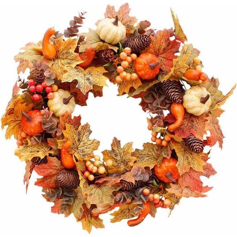 Couronne Automne - Couronne Décorative Pommes de Pin et Feuilles Artificielles - Pour Porte d'Entrée Fenêtre Mur Cheminée - Diamètre 50 cm - 1 Pièce (1/5)