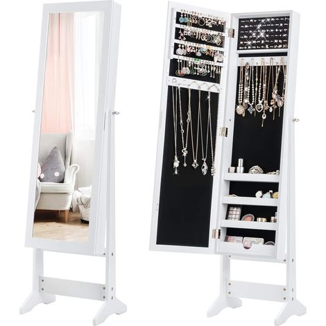 Costway – Armoire à bijoux sur pied avec miroir inclinable – 4 étagères, 64 fentes pour boucles d'oreilles, 72 emplacements pour bagues – Blanc