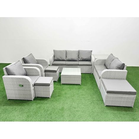 Fimous PE Rattan Garden Furniture Set Adjustable Chair Sofa Double Love Seat 2 Seater Sofa Lounge Set Square Coffee Table 3 Stools Side Table Light Grey (1/4)