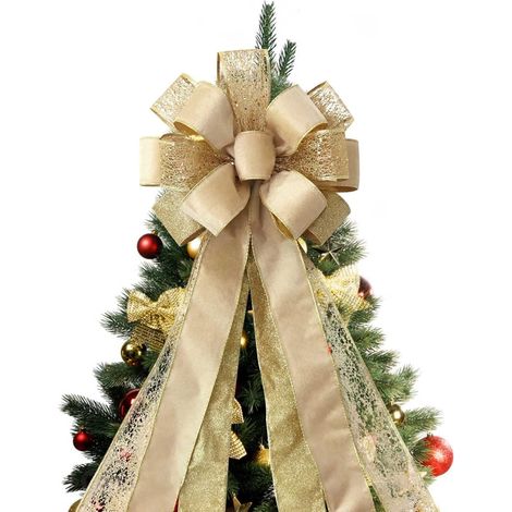Doré Nœud Pointes de Sapin de Noël, 30CM x 110CM Grand Nœud Cime de Noël en Velours avec Satin pailleté et Serpentin en Maille pour Sapin de Noëls Cheminée Couronne Porte D'intérieur Décoration (1/5)