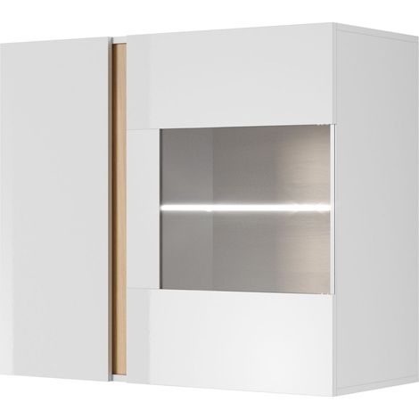 Vetrina a parete, Bianco + Bianco lucido + Rovere Grandson, 96,5 x 82,5 x 40 cm
