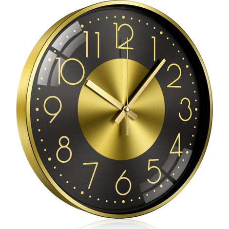 Horloge murale silencieuse sans tic-tac, ronde, décorative, chiffres arabes, en aluminium, pour salon, chambre à coucher, cuisine, bureau, noir avec chiffres dorés 30,48 cm (1/5)