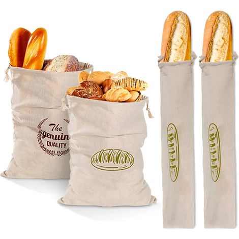 Sac à pain en lin, réutilisable, organisateur de pain, tissu naturel, lot de 4, panier à pain en toile, sac de rangement pour légumes, idéal pour conserver le pain et les pommes de terre, sac en lin l (1/5)