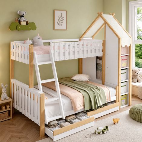 Lit superposé enfant 90x200 cm + 140x200 cm avec rangements, échelle, blanc HAVRYA (1/5)