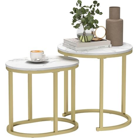 Set of 2 tables low, oval and round, stackable, appearance marble, steel, MM50 x 50,5 cm, fourmis (1/5)