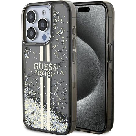 Guess GUHCP15LLFCSEGK iPhone 15 Pro 6.1 Schwarz/Schwarz Hartschalenetui mit flüssigem Glitzer und goldenen Streifen (1/5)