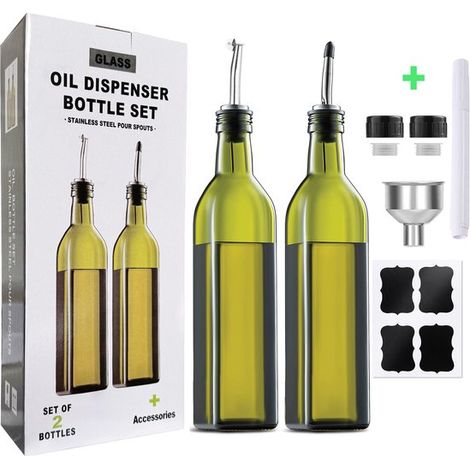 Ensemble de deux flacons à huile - Distributeur d'huile - Flacon d'huile d'olive - Flacon d'huile de cuisson - Flacon à épices transparent - 500 ml - Vert foncé - Verre vert foncé (1/5)