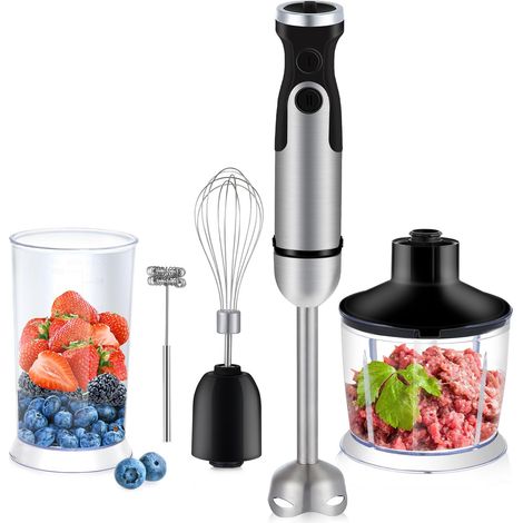 Mélangeur à Main 5 en 1 Puissant résistant aux Rayures, Comprend Une Tasse à mesurer, Un Hachoir, Un Fouet et Un mousseur à Lait, Un mixeur à bâton de 1200 W, Mode Variable à 6 Vitesses