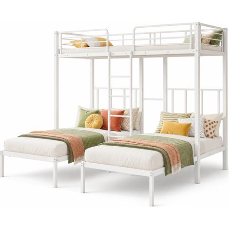 Lit superposé triple 3 places 90x200 cm avec échelle, garde-corps sécurisé et tablette intégrée, structure métal blanche pour enfants et ados – CHICFURN (1/5)