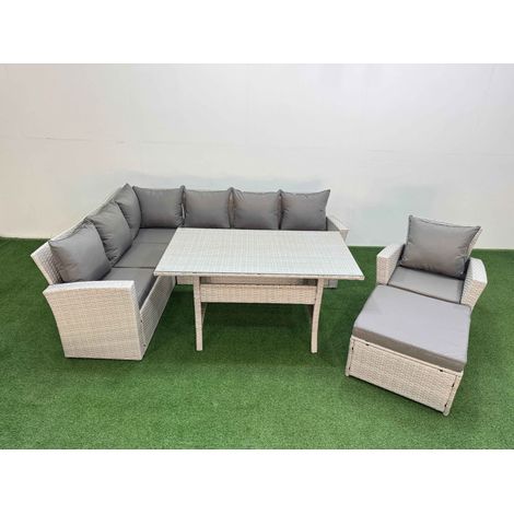 Fimous 8 Seater Rattan Garden Furniture Set Outdoor Patio Dining Corner Sofa Sets with Dining Table Chair Big Footstool Light Grey Mixed (1/5)