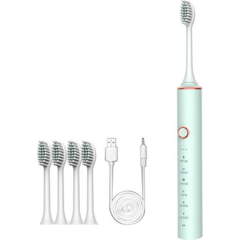 Brosse à dents électrique sonique haute efficacité, poils souples, recharge USB, pour femmes et hommes, couleur vert. (1/5)