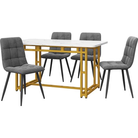 Set de table à manger 120x70 cm avec 4 chaises en velours gris foncé et pieds en métal doré (1/5)