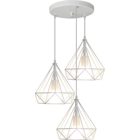 Lustre Suspension 3 Lampes en Disque E27 25cm Blanc Suspension Cage Diamant en Métal Luminaire pour Chambre Couloir Sallon (1/5)