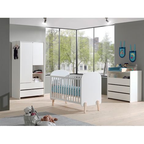 Lit bébé 60x120 Sommier Inclus, Commode 3 tiroirs, Plan à langer et Armoire 2 portes Vipack Kiddy - Blanc (1/5)