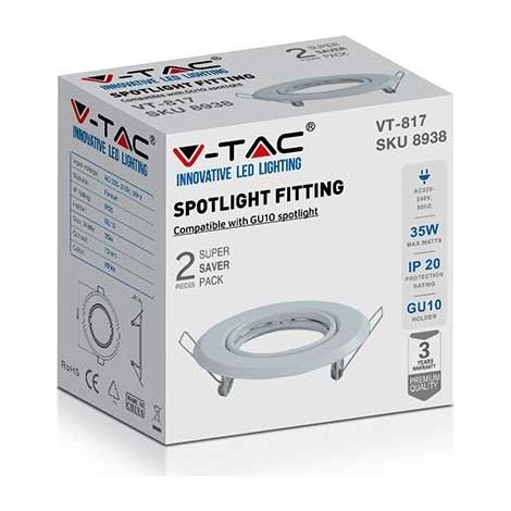 V-TAC Runder LED-Einbaustrahlerhalter GU10 Weiß (Box mit 2 Stück)