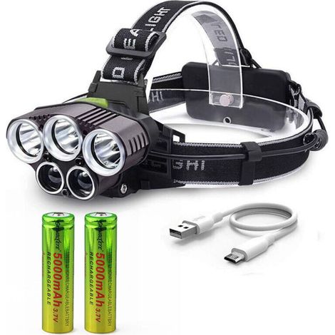 Wiederaufladbare Stirnlampe, extrem helle Leuchtkraft (Lumen), USB-aufladbar, 5 LEDs, 6 Leuchtmodi, 2 Batterien, stoßfest, für Wandern, Laufen, Camping, Klettern, Bergsteigen und Heimwerkerprojekte –  (1/4)