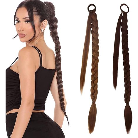 2 Pièces Rajout Cheveux Tresses, 66 cm Longue Tresse Cheveux avec Élastique, Extension Cheveux Tresse à Tresser pour Femme (Brun Clair/Foncé)