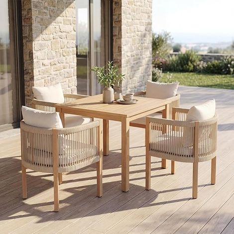 Wahson Set di 4 Sedie da Giardino, Poltrone Rotonde Intreccio Corda, Beige (1/5)