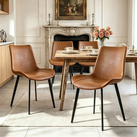 Lot de 4 chaises de salle à manger en simili cuir marron, structure en métal, style moderne, décontracté au quotidien