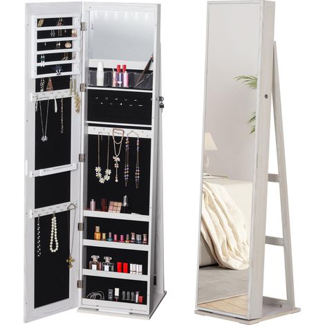 HOMCOM Armoire à Bijoux avec Miroir sur Pied Multi-rangements éclairage LED Blanc dim. 38L x 38l x H157 cm