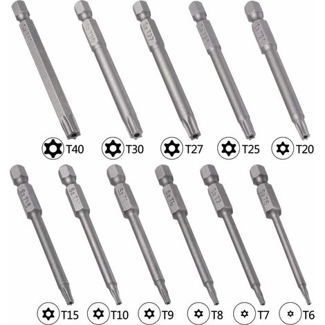 RHG Lot de 11 embout pour visseuse Torx - 75 mm - En acier S2 - Magnétique - 6 pans - T6 T7 T8 T9 T10 T15 T20 T25 T27 T30 T40 - Embouts Torx visseuse a choc pour long visseuse en T (1/4)