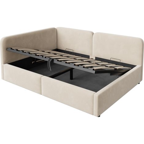 Cama con canapé tapizada 140x200 de terciopelo beige con cabecero alto y almacenaje hidráulico (1/5)
