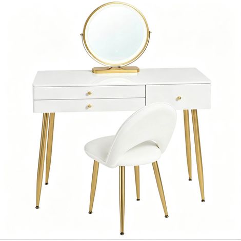 CHICFURN Tocador 100x40x122 cm en MDF blanco y dorado con espejo LED, 3 cajones y taburete (1/5)