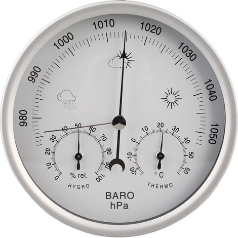 Station météo ronde en alliage d'aluminium, mouvement mécanique, thermomètre mural, baromètre, hygromètre pour utilisation intérieure et extérieure, argent 132 mm (1/5)