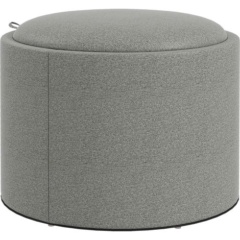Tabouret rond ottoman rembourré avec rangement et couvercle à charnières, aspect lin gris, Ø56 x 42 cm, pour salon ou chambre.