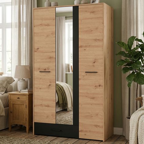 Armario 3 Puertas Lavagnoo, Ropero Dormitorio con Perchero, un Cajón, 5 Estantes, 119x53 cm Roble Marrón Nodo (1/5)