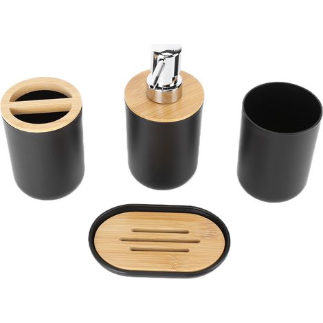4-teiliges Badezimmer-Set aus skandinavischem Bambus, Aufbewahrungsmöglichkeiten aus schwarzem Bambus und Kunststoff für Zahnbürsten und Toilettenartikel (1/5)