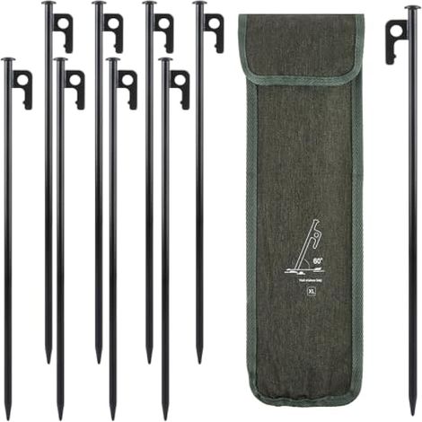Lot de 8 piquets de tente en métal très résistants de 39 cm avec sac de rangement en toile, piquets de tente en acier au carbone solide pour auvent de jardin, camping, randonnée, voyage (1/5)
