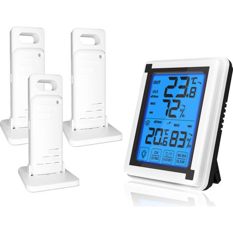Termometro igrometro digitale per interni ed esterni con 3 sensori wireless, misuratore di umidità, monitor di temperatura accurato con touchscreen LCD retroilluminato (3 sensori)