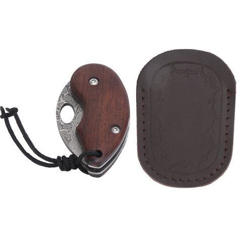 Couteau pliant miniature manche bois santal extérieur, lame acier Damas, couteau de poche avec étui (1/5)