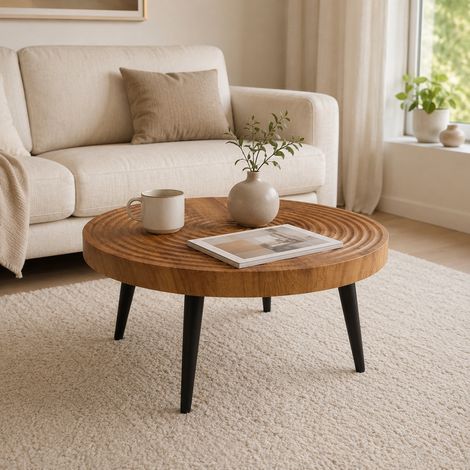 Table basse ronde de couleur gingembre avec veinage en bois de noyer et cernes annuels, avec un plateau renforcé et des pieds en métal noir élancés table basse et table d'appoint pour petits appartem (1/5)