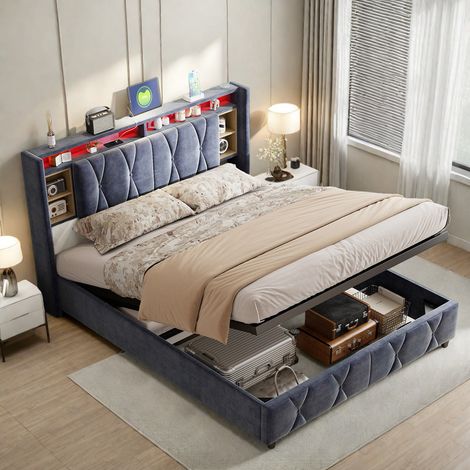 Lit coffre avec sommier à lattes 140 x 200 - Lit adulte avec bande lumineuse LED - Tête de lit rembourrée à double rangement - Ports USB et Type-C - Velour gris (1/5)