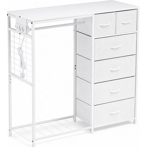 CHICFURN Armoire enfant avec penderie, 6 tiroirs en tissu, étagère à chaussures et prise intégrée, dressing enfant blanc avec rangement chambre enfant (1/5)