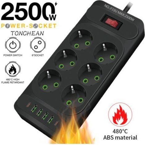 Multiprise Murale 6 Prises et 4 USB avec 2 USB C, Electrique 12 en 1, Multiprise Secteur pour la Maison Le Bureau Noir (1/4)