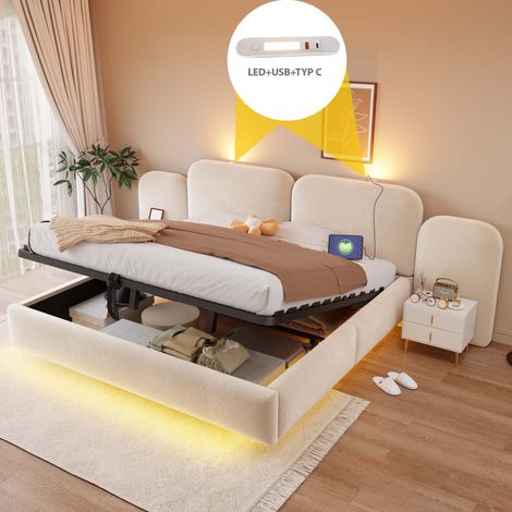 Lit coffre rembourré 180x200 cm - rangement hydraulique - LED - prise de recharge - tête de lit capitonnée - sommier à lattes - velours beige (1/5)