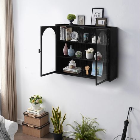 Armario de pared 70x23 cm metal y vidrio templado negro, motivo trenzado, 2 puertas, 3 estantes (1/5)